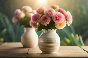 twee vazen met roze bloemen Aan een tafel. ai-gegenereerd foto