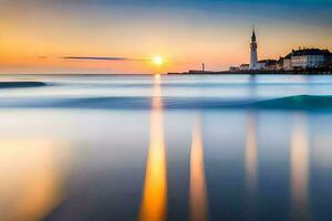 de zon sets over- de oceaan en een vuurtoren. ai-gegenereerd foto