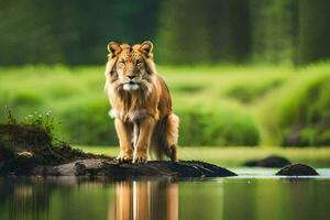 een leeuw staand Aan een rots in de midden- van een rivier. ai-gegenereerd foto