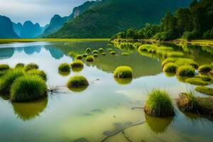 de groen gras en water in de bergen. ai-gegenereerd foto