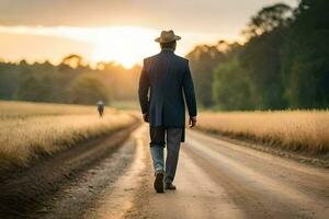 een Mens in een pak en hoed wandelen naar beneden een aarde weg. ai-gegenereerd foto