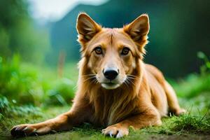 een bruin hond houdende in de gras. ai-gegenereerd foto