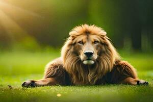 een leeuw is zittend in de gras met de zon schijnt. ai-gegenereerd foto