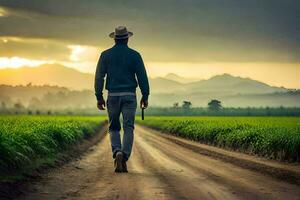 een Mens wandelen naar beneden een aarde weg in de midden- van een veld. ai-gegenereerd foto