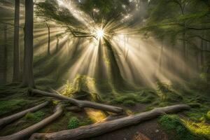 toneel- landschap stralen van licht in de Woud gemaakt met generatief ai technologie foto