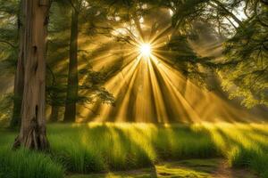 toneel- landschap stralen van licht in de Woud gemaakt met generatief ai technologie foto