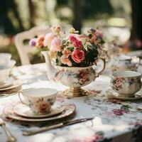 vintage-geïnspireerd thee partij met delicaat China en bloemen centerpieces foto