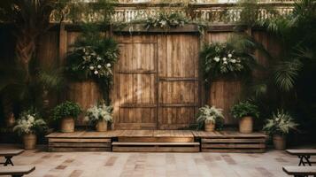 rustiek buitenshuis viering met houten accenten en groen backdrop foto