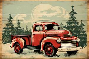 rustiek houten teken met vrolijk Kerstmis en rood vrachtauto illustratie foto