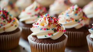 chocola cupcakes met botercrème suikerglazuur en kleurrijk hagelslag. foto