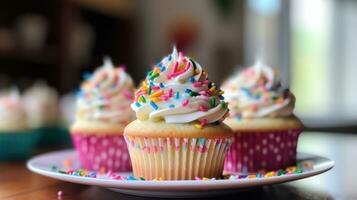 regenboogkleurig cupcakes met geslagen room glimmertjes en regenboog hagelslag foto