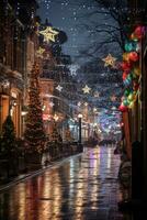kleurrijk Kerstmis lichten en decoraties Aan een stad straat foto
