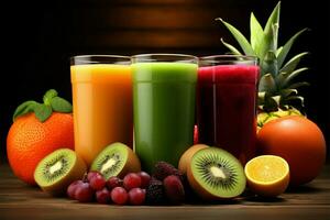 genieten verschillend smaken in onze fruit en vegetarisch smoothie assortiment ai gegenereerd foto