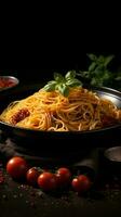Italiaans voedsel. spaghetti pasta in zwart bord Aan donker achtergrond ai gegenereerd foto