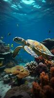 onderwater- koraal rif met kleurrijk vis en schildpad marinier leven ai gegenereerd foto