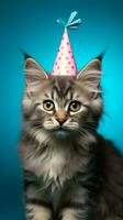 verjaardag pot, kat met partij hoed geïsoleerd Aan blauw ai gegenereerd foto