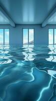glinsterende blauw water oppervlakte in leeg kamer verticaal mobiel behang ai gegenereerd foto