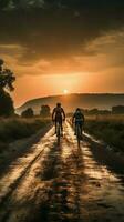 de macht van uithoudingsvermogen, fietsers Aan een zonsondergang weg - terug visie verticaal mobiel behang ai gegenereerd foto