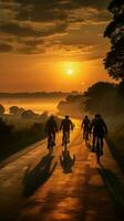 de sensatie van de rijden, fietsers Aan een zonsondergang weg - terug visie verticaal mobiel behang ai gegenereerd foto