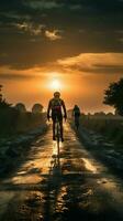 de macht van uithoudingsvermogen, fietsers Aan een zonsondergang weg - terug visie verticaal mobiel behang ai gegenereerd foto