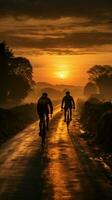 de sensatie van de rijden, fietsers Aan een zonsondergang weg - terug visie verticaal mobiel behang ai gegenereerd foto