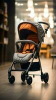 baby wandelwagen binnen. leeg plaats voor tekst. voorkant visie. verticaal mobiel behang ai gegenereerd foto