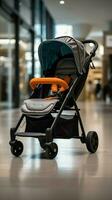 baby wandelwagen binnen. leeg plaats voor tekst. voorkant visie. verticaal mobiel behang ai gegenereerd foto