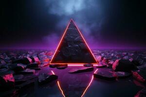 futuristische 3d geven neon driehoeken te midden van obsidiaan steen kasseistrook ai gegenereerd foto