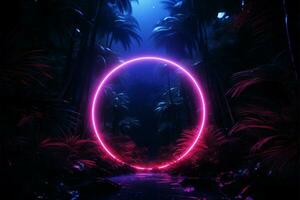 neon gloed cirkels temidden van tropisch oerwoud gebladerte in 3d renderen ai gegenereerd foto