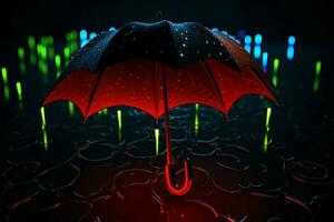 neon paraplu in de regenen, strak contrast tegen zwart omgeving ai gegenereerd foto
