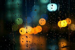 nacht steden lichten diffuus door glas, regendruppels creëren een dromerig backdrop ai gegenereerd foto