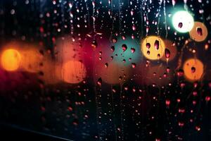 nachten abstract venster visie wazig lichten, kleurrijk regendruppels, betoverend achtergrond ai gegenereerd foto
