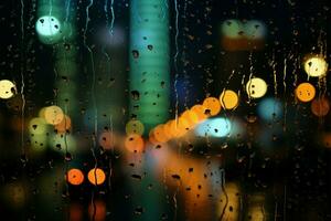 nacht steden lichten diffuus door glas, regendruppels creëren een dromerig backdrop ai gegenereerd foto