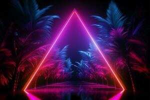 levendig neon verlichting creëert abstract vormen tussen palm bomen, 3d ai gegenereerd foto