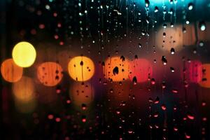 abstract nacht tafereel venster met kleurrijk regendruppels, wazig stad lichten ai gegenereerd foto