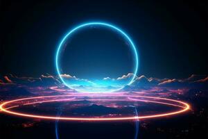 3d geven neon cirkels tegen een nacht lucht, briljant verhelderend ai gegenereerd foto