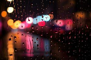 wazig stad lichten gezien door een venster met kleurrijk regendruppels ai gegenereerd foto
