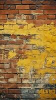 oud en verweerd geel en rood steen muur, naadloos patroon backdrop verticaal mobiel behang ai gegenereerd foto