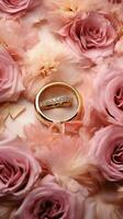 romantisch bruiloft achtergrond met goud ringen, Eustoma rozen, en delicaat roze veren verticaal mobiel behang ai gegenereerd foto