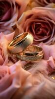 romantisch sfeer met goud ringen, Eustoma rozen, en zacht roze veren voor een bruiloft verticaal mobiel behang ai gegenereerd foto