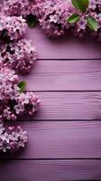 sereen lila bloei genade een houten plank achtergrond, de lente betovering verticaal mobiel behang ai gegenereerd foto