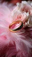 bruiloft achtergrond met goud ringen, Eustoma roos bloem en licht roze veer verticaal mobiel behang ai gegenereerd foto