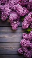 houten plank backdrop verbeterd door de elegantie van lila bloemen in bloeien verticaal mobiel behang ai gegenereerd foto