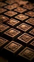listig chocola tegels, detailopname visie van voorzichtig bewerkte donker chocola pleinen verticaal mobiel behang ai gegenereerd foto