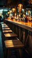 wazig achtergrond van een restaurant bar interieur met een houten tafel verticaal mobiel behang ai gegenereerd foto