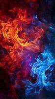 stoutmoedig rood en blauw vlammen ontbranden de duisternis van de achtergrond verticaal mobiel behang ai gegenereerd foto