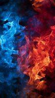 stoutmoedig rood en blauw vlammen ontbranden de duisternis van de achtergrond verticaal mobiel behang ai gegenereerd foto