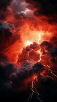 donker rood stormachtig lucht knetteren met elektriserend apocalyptisch bliksem verticaal mobiel behang ai gegenereerd foto