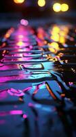abstract Speel van licht Aan nat asfalt met neon reflecties verticaal mobiel behang ai gegenereerd foto