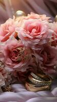 betoverend bruiloft tafereel met goud ringen, Eustoma rozen, en zacht roze veren verticaal mobiel behang ai gegenereerd foto